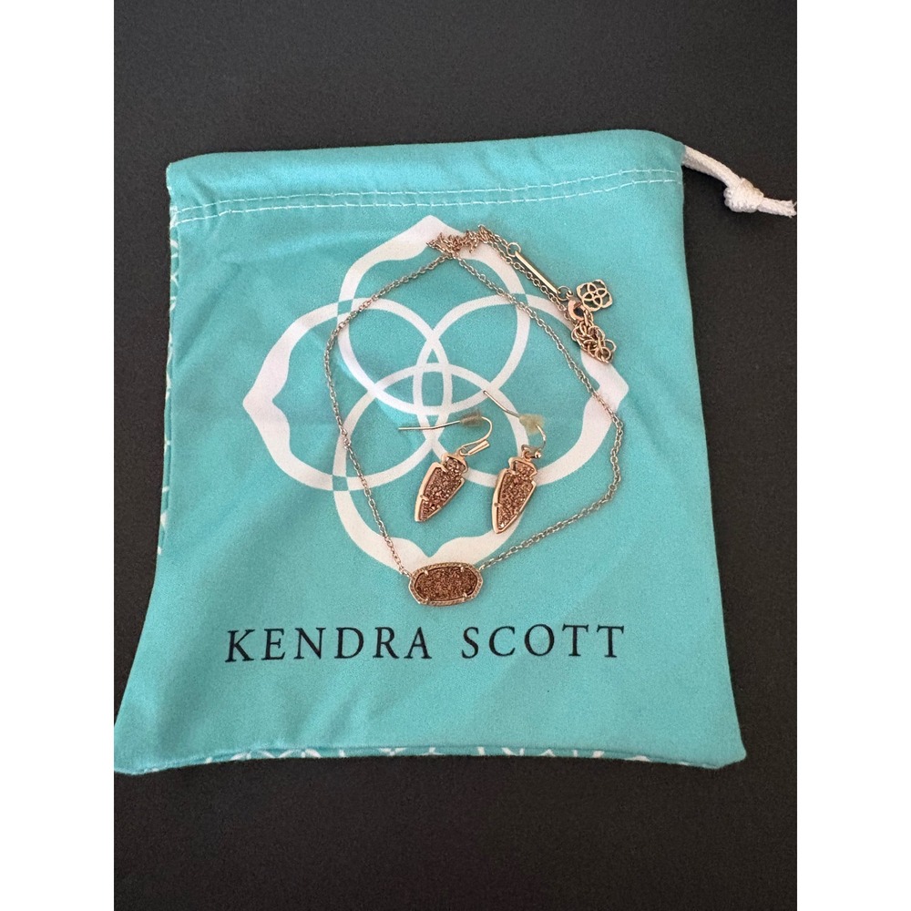 Kendra Scott Rose Gold Elisa Druzy Necklace & Arrowhead Earrings Set Dust Bag